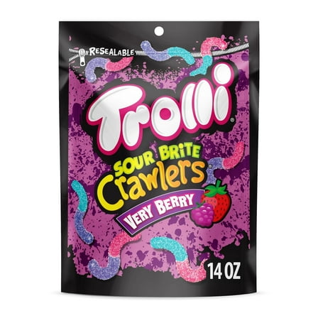 Trolli Sour Brite Crawlers, Candy, Very Berry, Sweet and Sour, Gummy Worms, 14 oz Bag