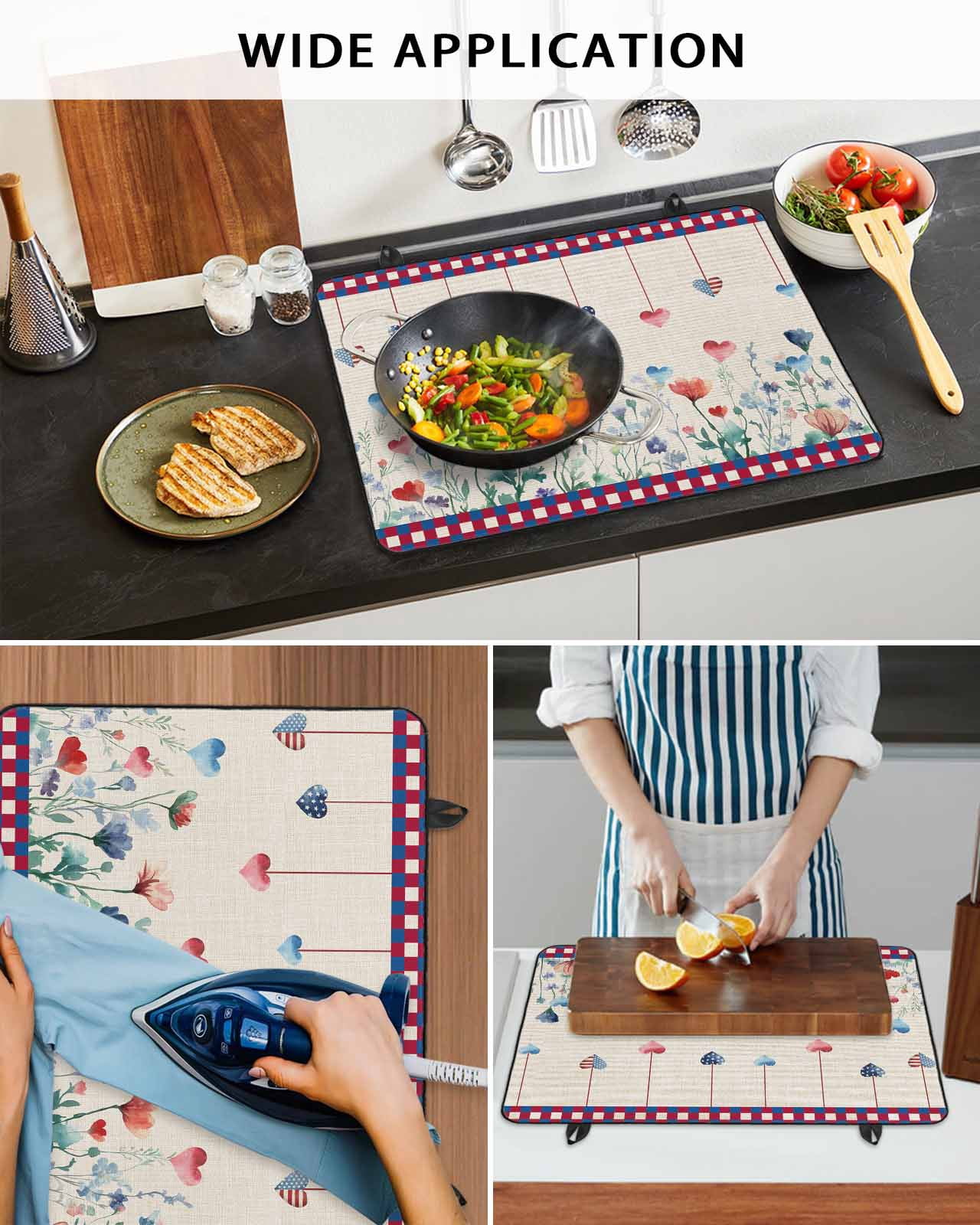 nqOlkjepod Large Induction Cooktop Protector Mat 24"x21", 4th of July Stove Top Covers for Electric Stove, Independence Day Red Blue Love Heart Plaid Stove Burner Cover Mats, Glass Top Stove Cover