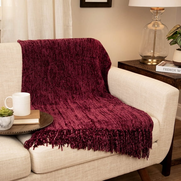 Northlight Textured Woven Knit Chenille Throw Blanket with Fringe - 50" x 60" - Burgundy Red