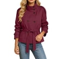 thumbnail image 3 of AKOEE Cropped Trench Coat for Women with Belt Double Breasted Short Jacket High Collar Long Sleeve Outerwear (L, Wine), 3 of 8