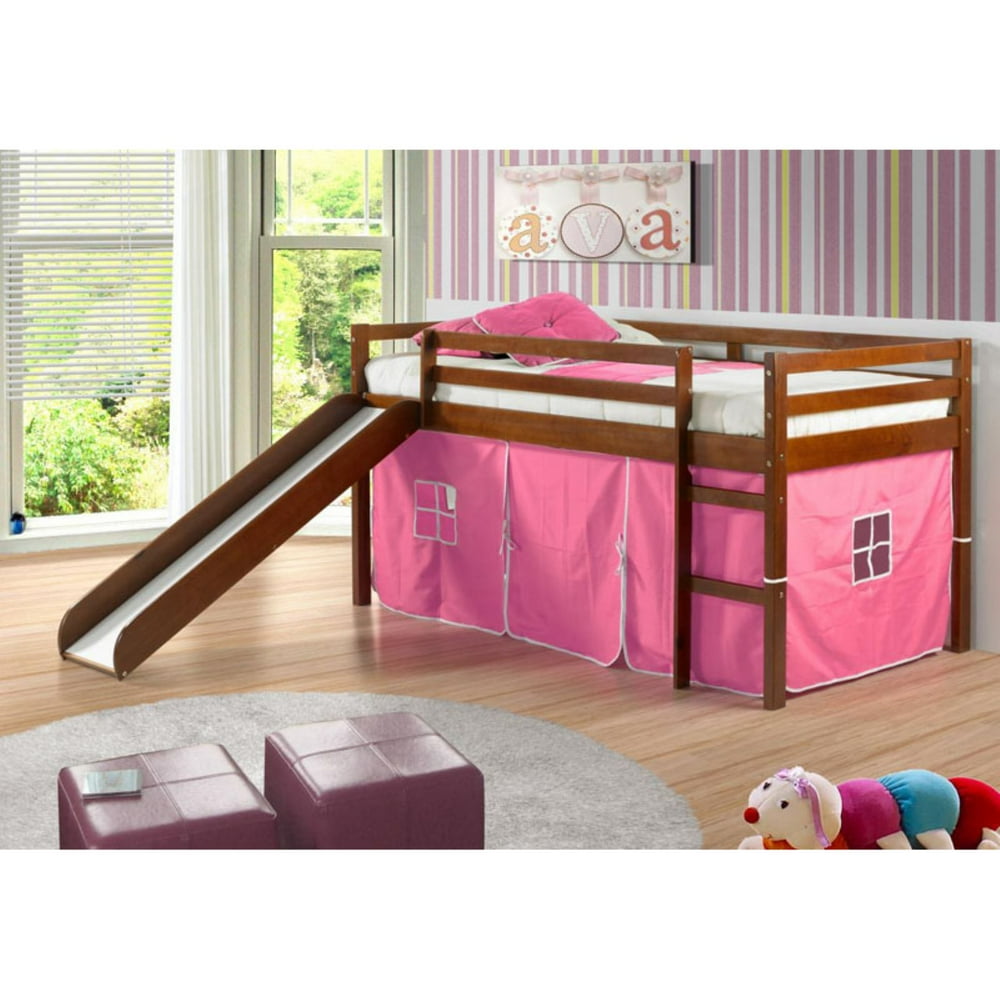 Donco Kids Twin Loft Tent Bed with Slide Light Espresso