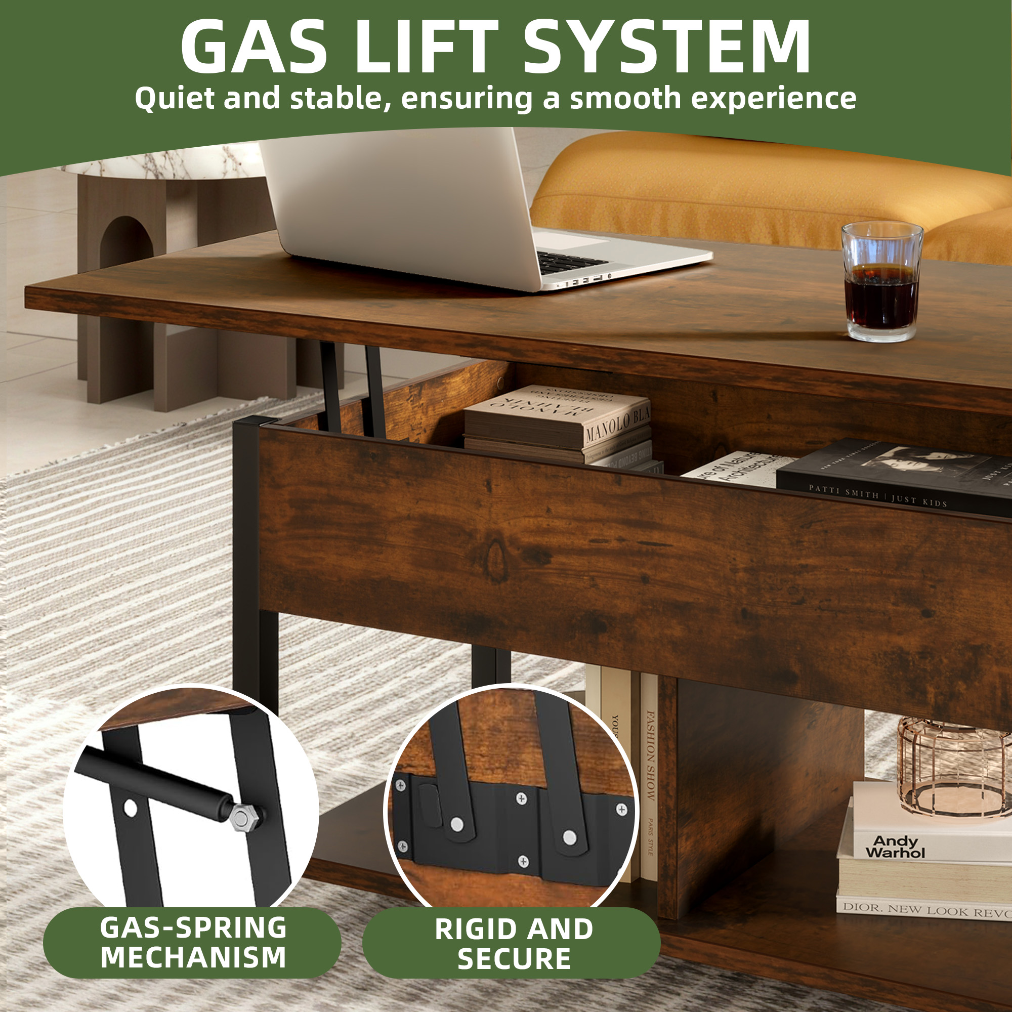 Uforic Coffee Table with Storage, Lift-Top Wooden Center Table for Home & Office, Rustic Brown