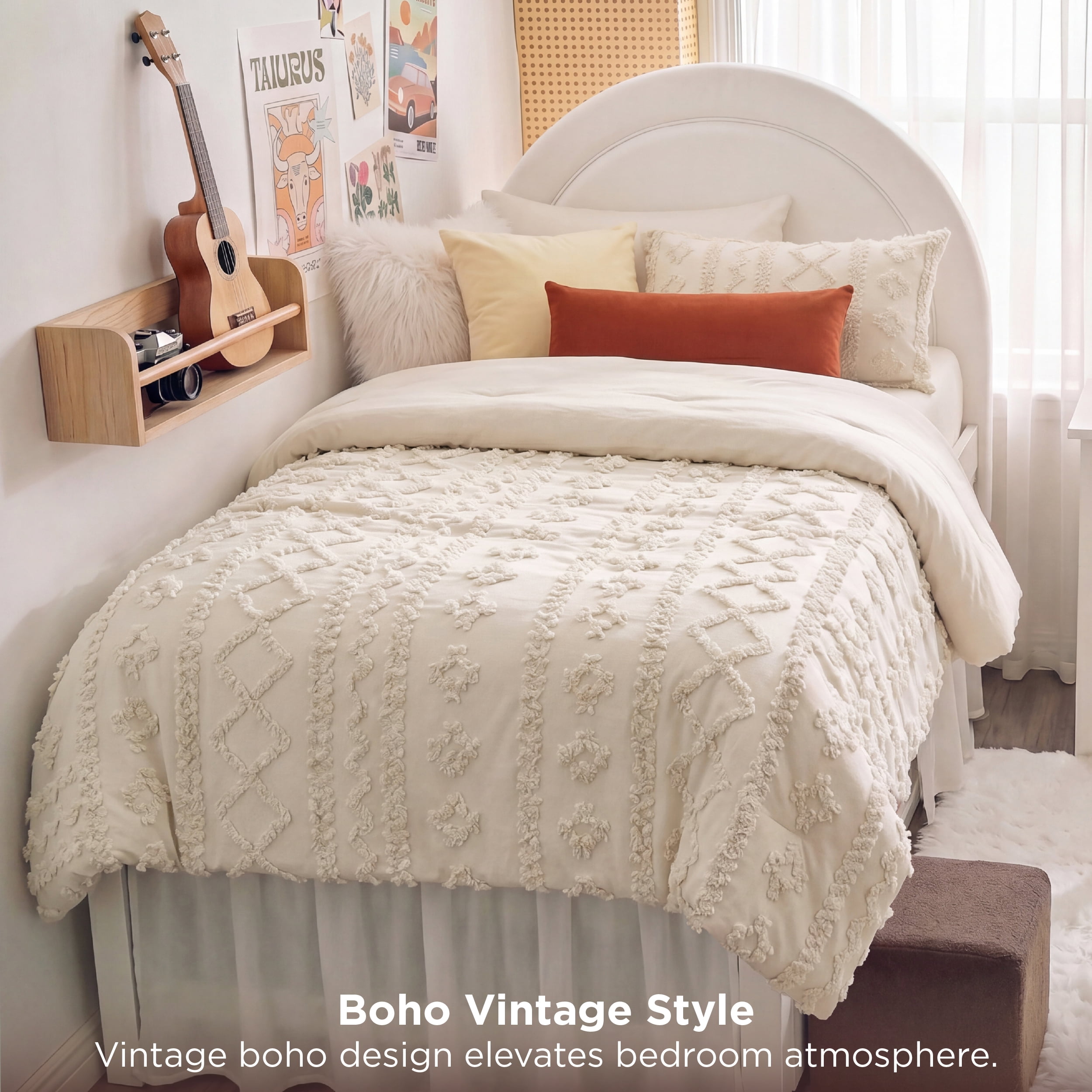 U by Bedsure Tufted Boho Twin XL Comforter Set, 2 Pieces Farmhouse Shabby Chic Embroidery Bedding Set, Soft Jacquard Beige Comforter for All Seasons, Twin, Oat Milk