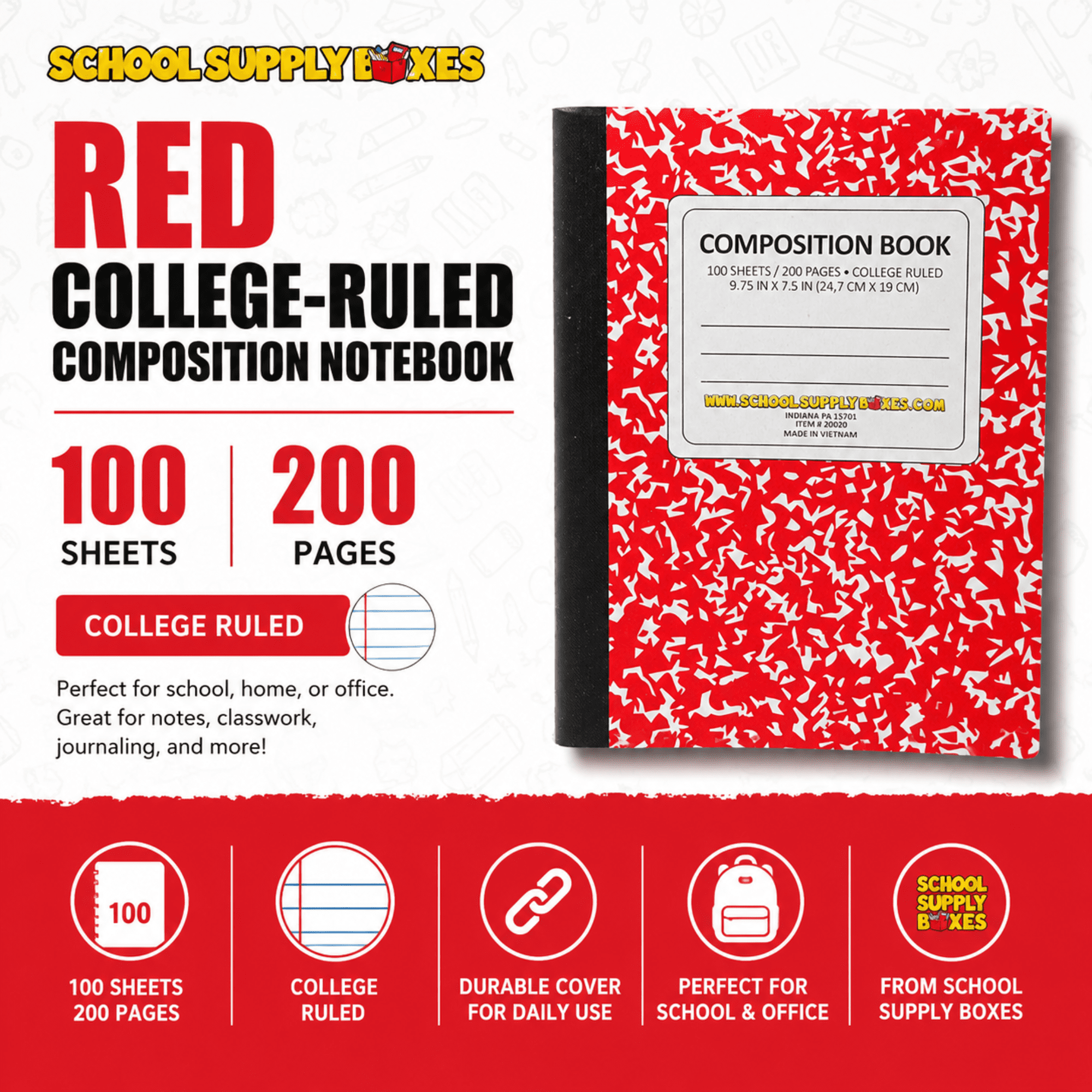 School Supply Boxes | Red, College-Ruled Composition Notebooks | 12 Pack | 100 Sheets, 200 Pages Per Pack