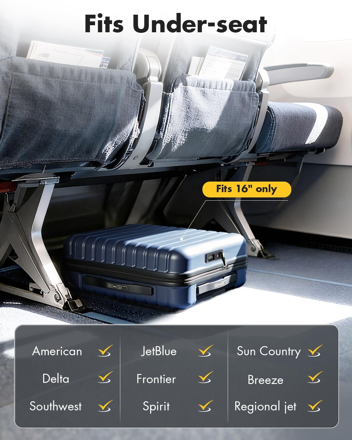16 Inch Underseat Carry On Luggage Airline Approved, Hardside Suitcase with TSA Lock, Lightweight ABS Spinner Wheels Travel Bag, Blue