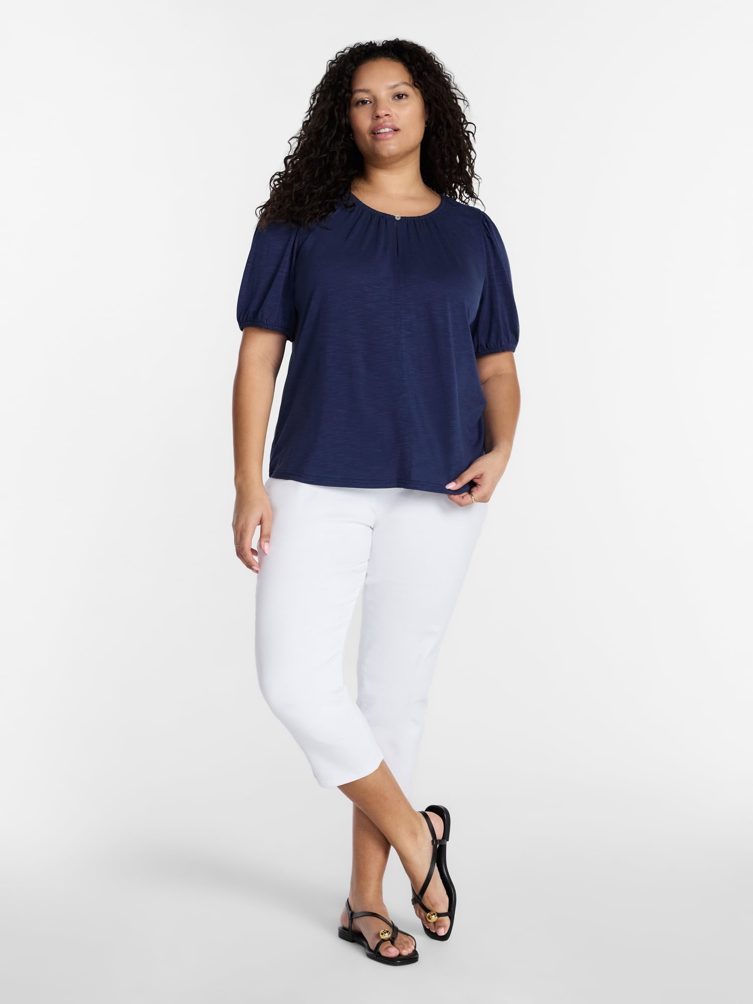 Terra & Sky Women's Plus Notch Neck Femme Puff Sleeve Top, Sizes 0X-5X
