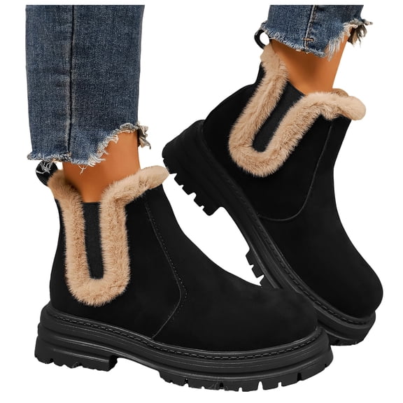 Winter Chelsea Boots for Women Suede Warm Plush Stretch Slip on Snow Booties Casual Lug Sole Round Toe Ankle Boots Black Size 8