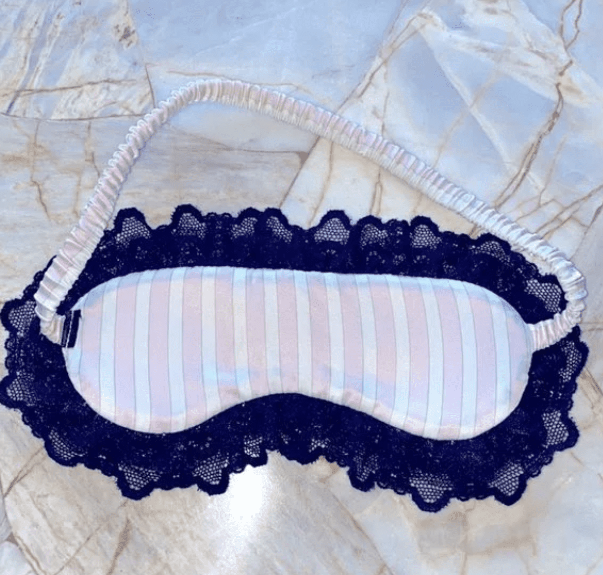 Victorias Secret “No Peeking” blindfold Silky Sleep Mask Pink Stripe Lace Trim