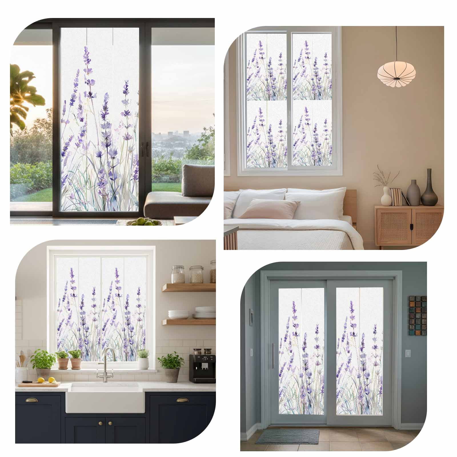 Lavender Floral Window Privacy Film, Spring Flowers Botanical Plants Static Cling UV Sun Blocking Tint Film Heat Control Windows Films for Bedroom Bathroom, Window Stickers 23.6"x59"