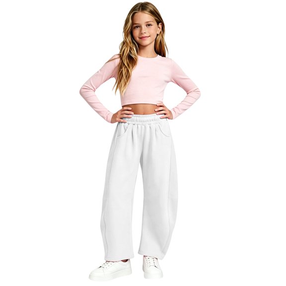 UACY Girls Boys Curved Wide Leg Cargo Pants Elastic High Waist Loose Fit Sweatpants Baggy Balloon Leg Trousers Fall Winter Bottoms (White, 5-6 Years)
