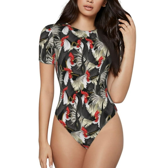 Rateoe Roosters 2 Printed Women Rash Guard Short Sleeve,Tummy control Swimsuit Surfing Swimsuit Bathing Suit Short-sleeved Onesie UPF 50 -Small
