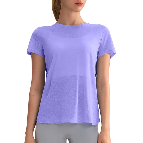 Camiseta holgada con corte en la espalda para mujer: cuello redondo, manga corta, poliéster, para yoga/deporte (tallas S-XL)