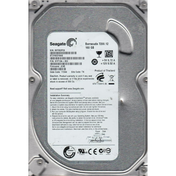 ST3160316AS, 9VY, TK, PN 9YP13A-303, FW JC45, Seagate 160GB SATA 3.5 Hard Drive