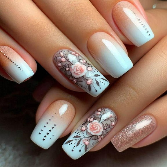 JZROCKER 24Pcs Square Press on Nails Glossy Designs French Fake Nails Acrylic False Nails,Artificial Nails Glues on Nails Women