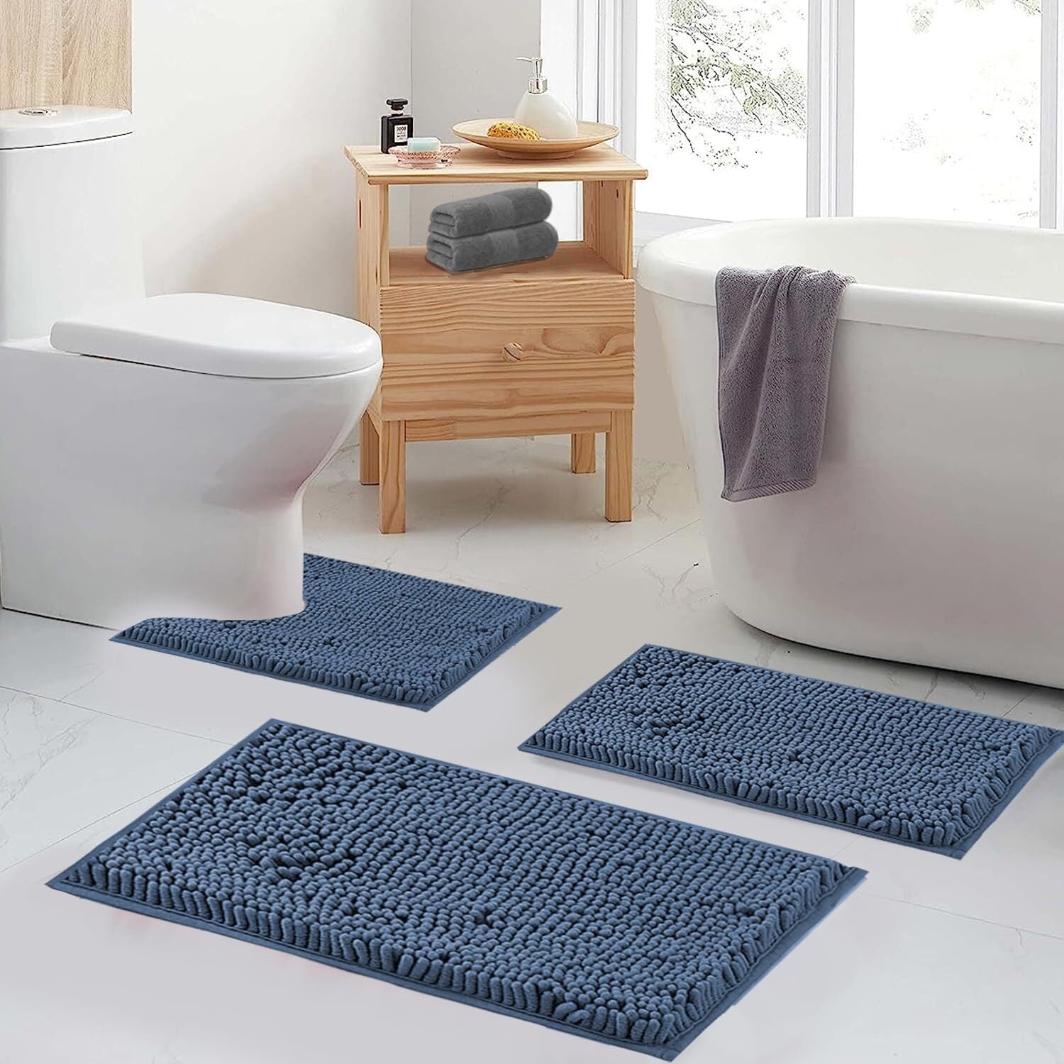 LQQBOX Bathroom Rugs Chenille Bath Mats Set 3 Piece Extra Soft and Absorbent Shaggy Rugs, Machine Wash and Dry, Perfect Plush Bath Mats for Tub, Bathroom ​Decor, Washable Carpets Set, Fog Blue