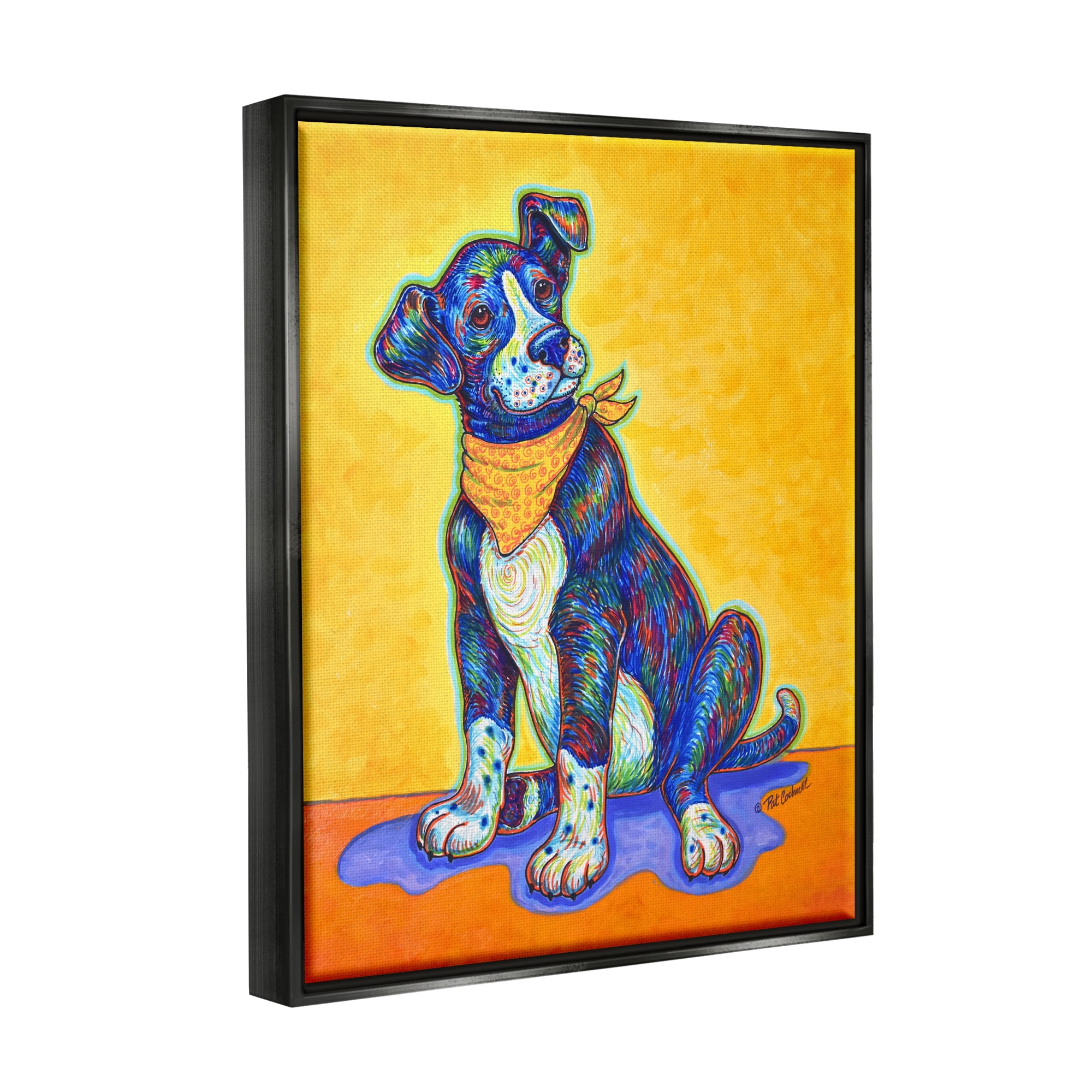 Stupell Industries Blue & Yellow Abstract Dog Animals & Insects Painting Black Floater Framed Art Print Wall Art, 17 x 21