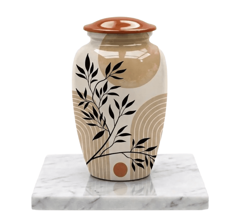 SMIURNS Boho Leaves Cremation Urn for Adult Human Ashes - 10" Handcrafted Aluminum Memorial Urn with Modern Botanical Art, 190 Cubic Inch Capacity & Velvet Bag