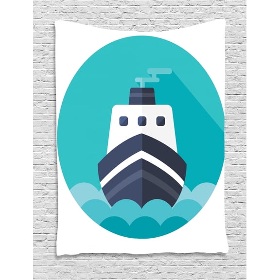 Cruise Ship Tapestry, Round Blue Sea and Sky Background with a Big Ship Graphic, Wall Hanging for Bedroom Living Room Dorm Decor, 60W X 80L Inches, Turquoise Dark Blue White, by Ambesonne