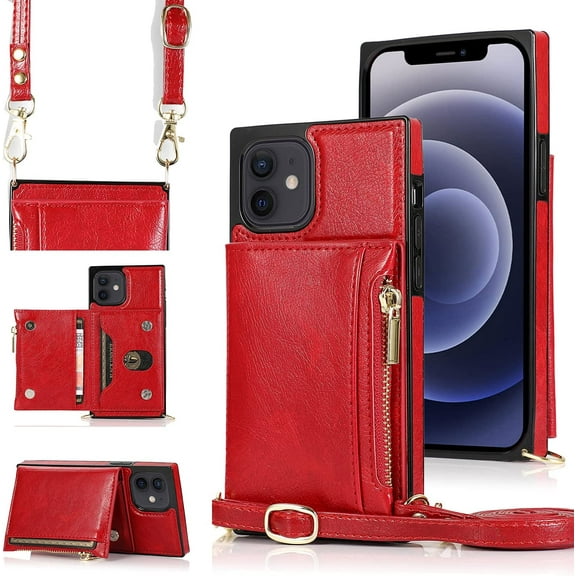 Wallet Case Fit for Apple iPhone 12 Mini 5.4“,Adjustable Crossbody Zipper Cover with Card Holder Slot Neck Strap Lanyard Purse Shoulder Strap Purse Case for iPhone 12 Mini FK Red