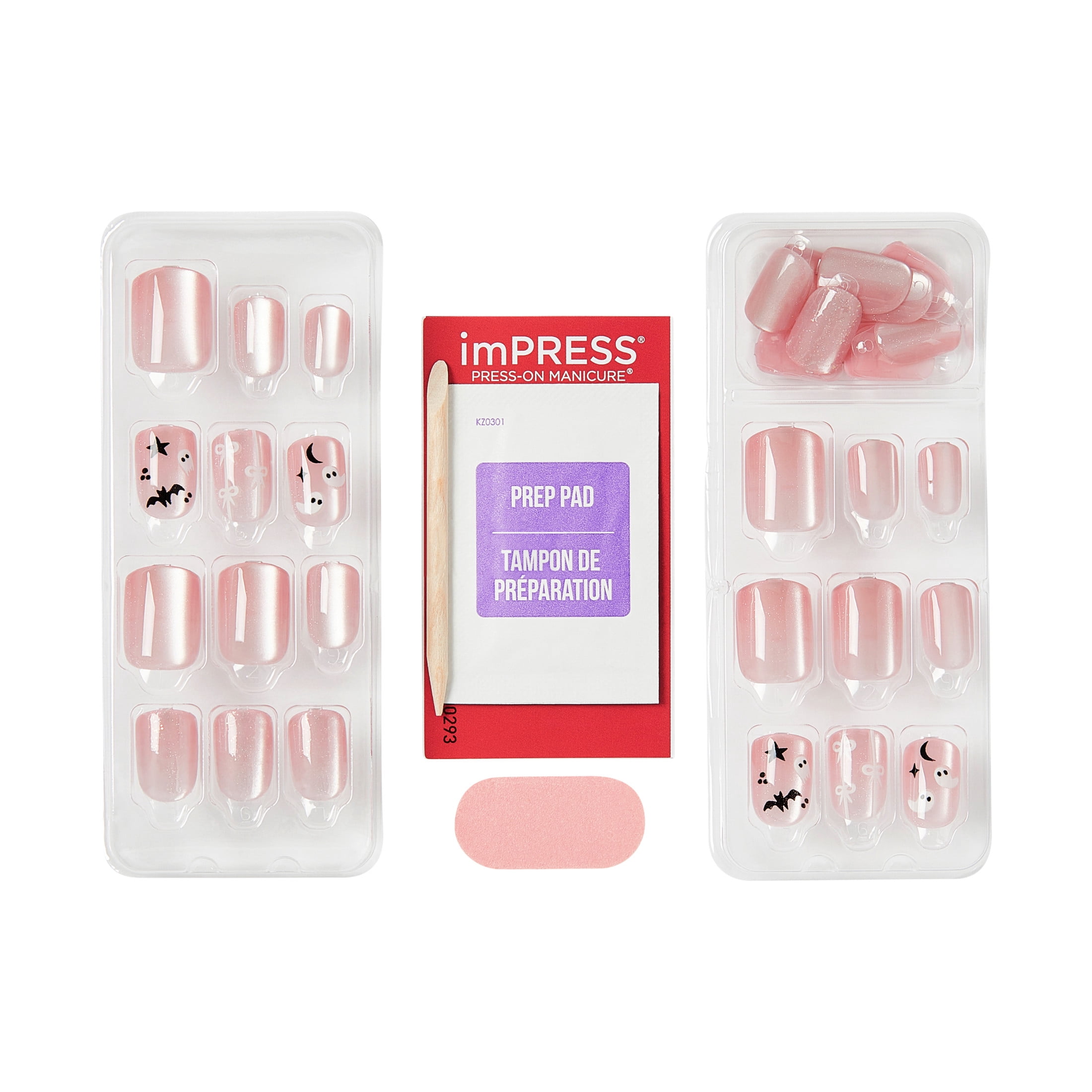 Kiss Impress Press On Nails Short, Halloween, ‘Broom & Bloom’, Pink, Squoval, 30 Count