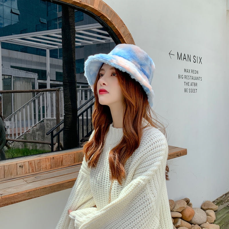 Women Tie Dye Faux Fur Bucket Hat Fuzzy 