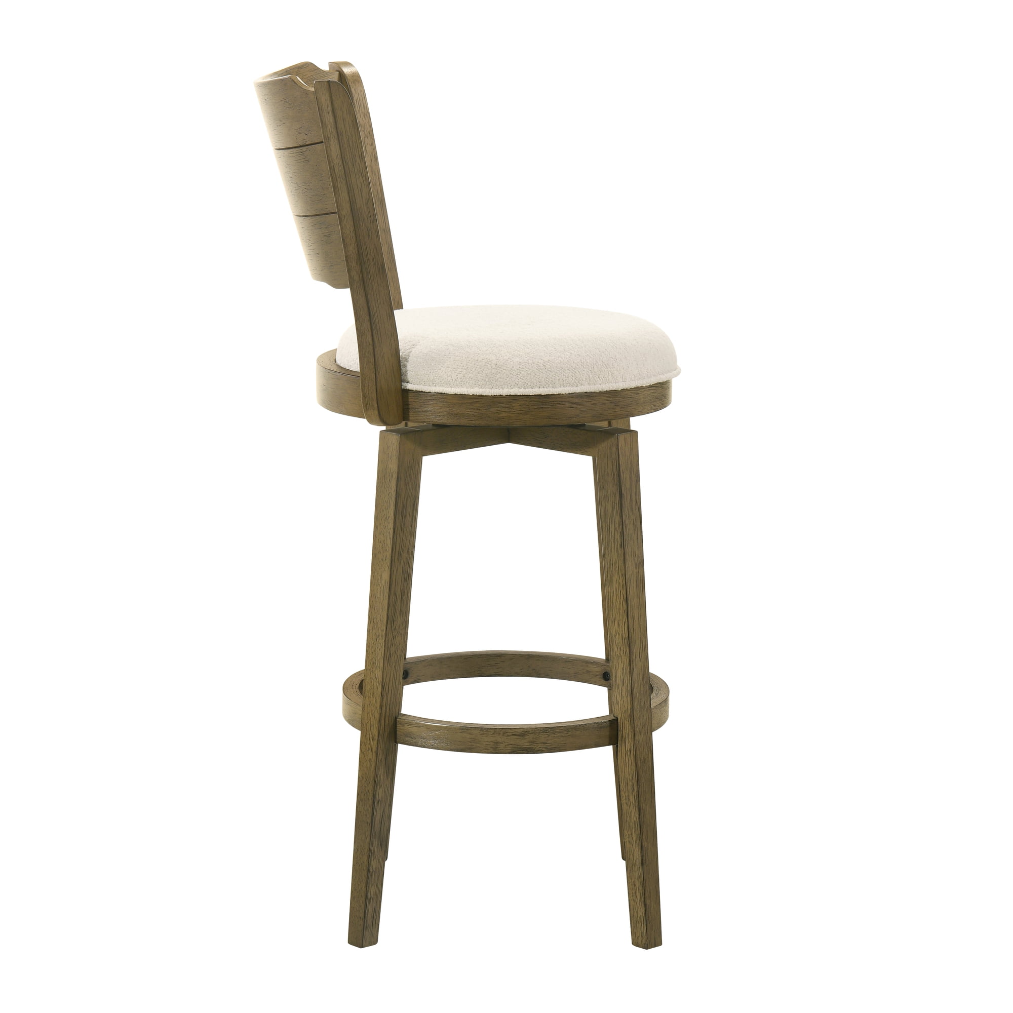Winsley Coastal Modern Swivel Wood Bar Height Kitchen Bar Stool in Putty Brown Finish with White Boucle Fabric Upholstered Seat - Set of 4