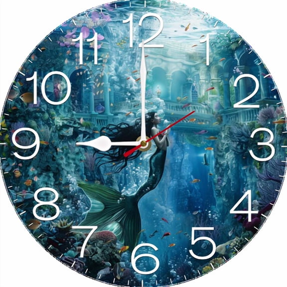 Eveokoki Wall Clocks Mermaid 10 Inch Silent Non Ticking Battery Operated Clock Vintage Round Wood Clock for Living Room Bedroom Bathroom Decor