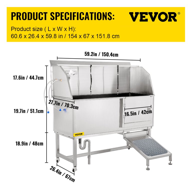 VEVOR Dog Grooming Tub, 62 L Pet Wash Station, 304 Stainless Steel Pet  Grooming Tub Rated 661LBS Load Capacity, Non-Skid Dog Washing Station Comes  with Ramp, Faucet, Sprayer and Drain Kit