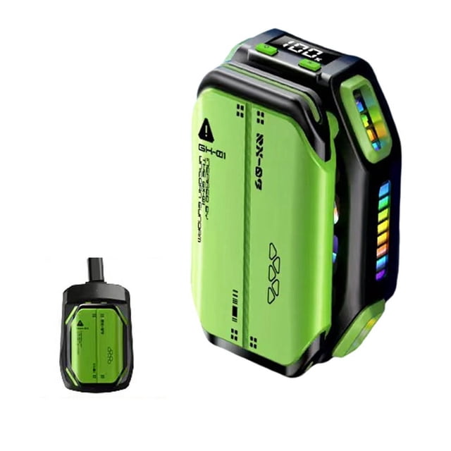 radiador de ventilador de refrigeración de semiconductores magnéticos para teléfono móvil con enfriador de juegos ajustable de 7 velocidades, vista 3/4 frontal de enfriador verde oscuro de plástico con pantalla digital superior, control de velocidad, iluminación RGB lateral, 7 aspas, puerto tipo-C y batería incluida; adecuado para ventilación para gaming móvil y transporte en su estuche de carga.