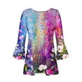 thumbnail image 4 of YUGYXL Womens 3/4 Flared Sleeve Shirts Casual Oil Paint Print Button V-Neck Tunics Trendy Swing Pleated Henley Shirt Gradient Color Plus Size Ruffled Blouses, 4 of 5