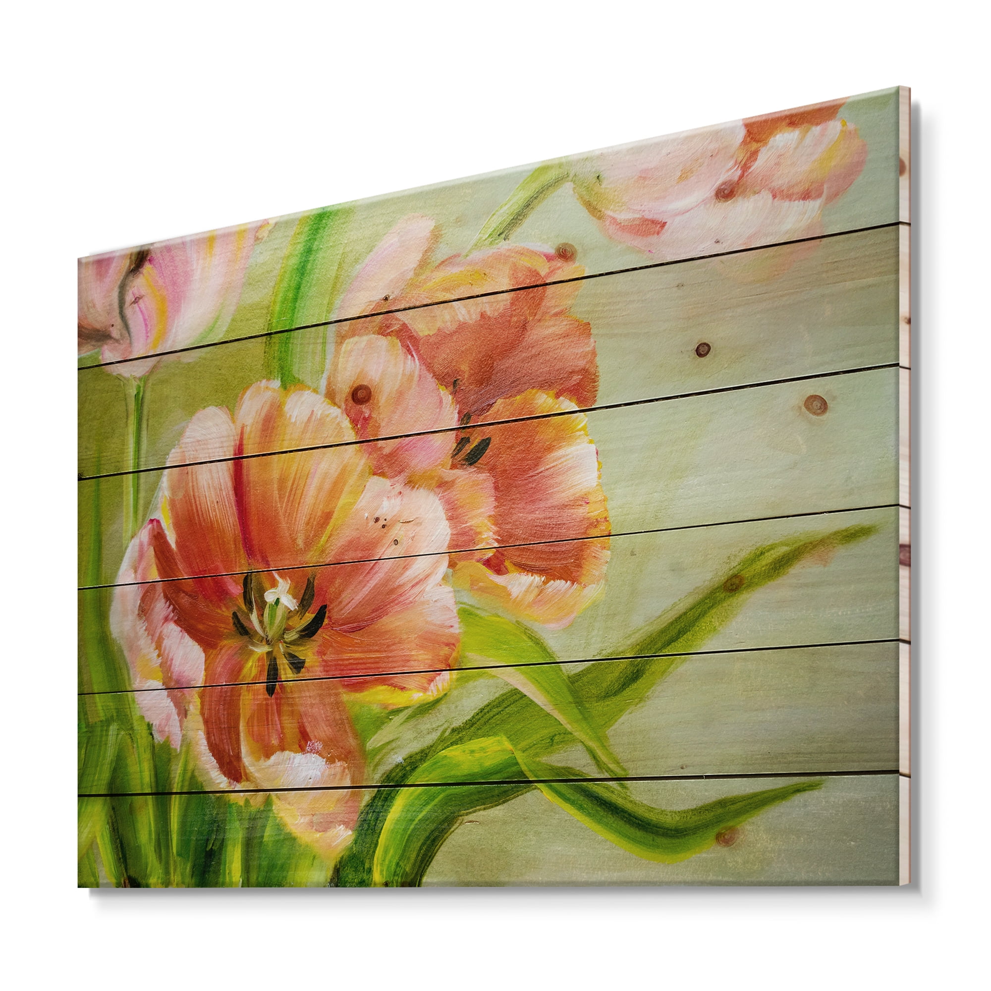 Designart 'Ancient Red Tulips Flowers II' Traditional Print on Natural Pine Wood