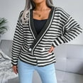 thumbnail image 2 of Fesfesfes Women Sweaters Casual Loose Stripe Splicing Sweater V-neck Knitted Sweater or, 2 of 5