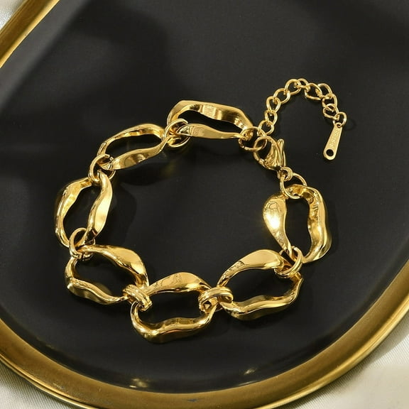 304 Stainless Steel Nuggets Link Chain Bracelets for Women Real 18K golden Plated 6-3/8 inch(16.1cm)