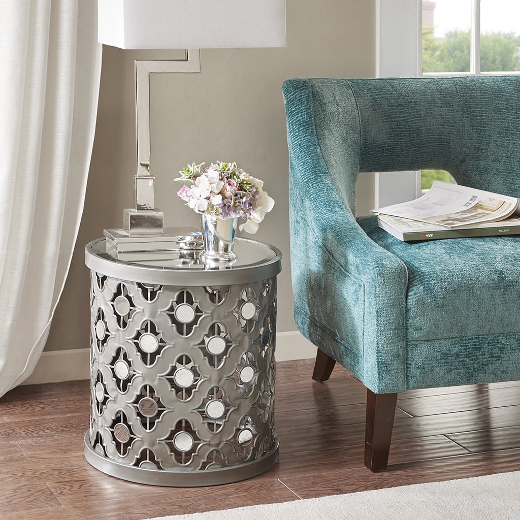 Silver White Round End Table with Mirror Decor, Modern Side Table