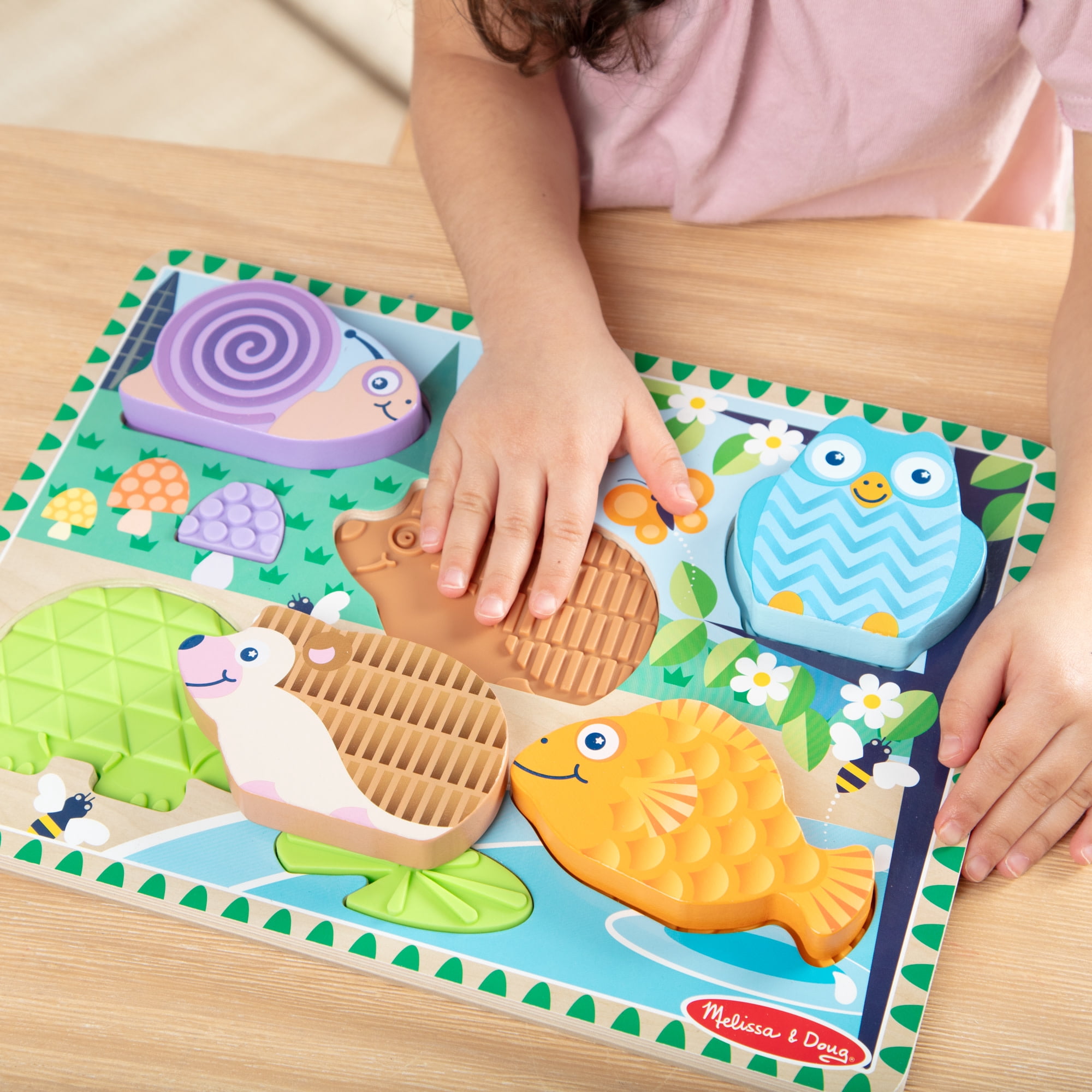 Melissa & Doug Forest Friends Touch & Feel Wooden Puzzle, 5-Piece Chunky Toddler Puzzle with Animals & Textured Silicone Puzzle Board Inlays for Ages 2+