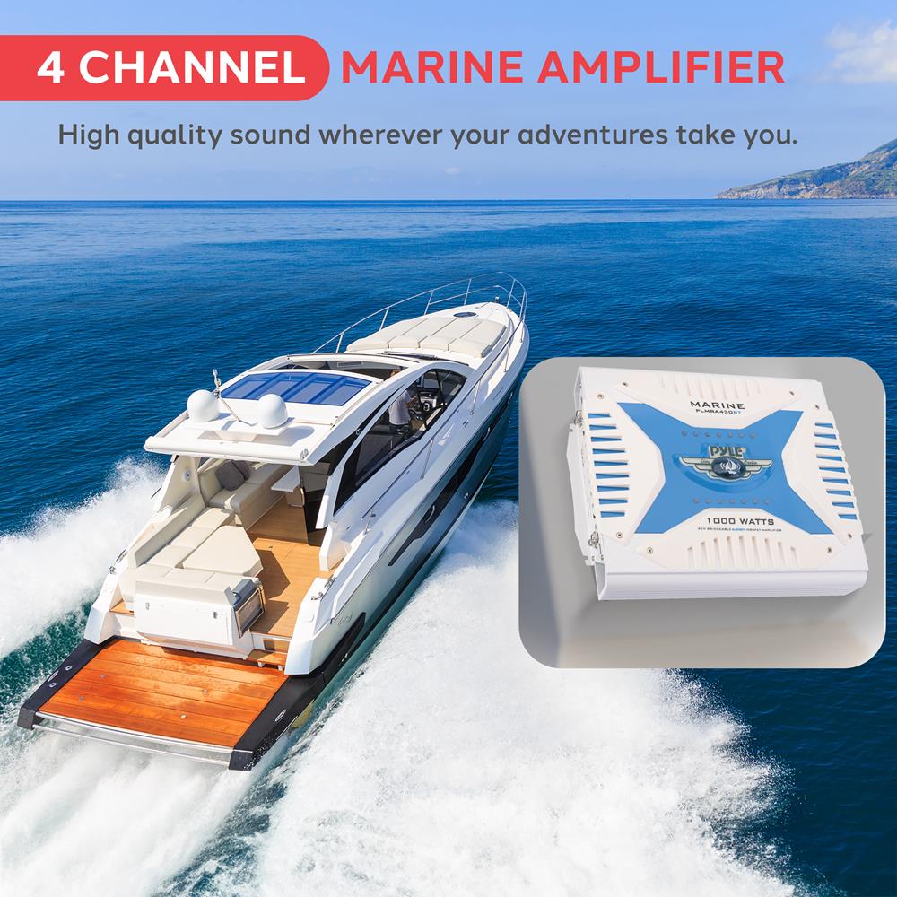 Pyle 2.1 Bluetooth Marine Amplifier Receiver - Waterproof 4 Channel Wireless Bridgeable Audio Amp for Stereo Speaker with 1000 Watt Power Dual MOSFET Supply, GAIN Level and LED Indicator