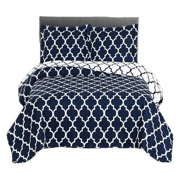 Navy Full/Queen Quilt Set 3pc - Oversized Microfiber Coverlet - Geometric Printed Bedspread - All Season Lightweight Quilts Meridian Navy
