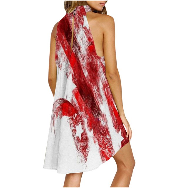 Día de la Independencia Moda para mujer Sin mangas Impreso Cuello redondo Suelto Vestido irregular para mujer Pompotops ghjkhdj2821