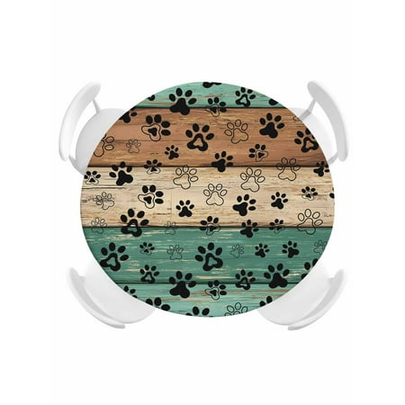 Round Fitted Tablecloth Dog Paws Rustic Wooden Plank Circle Table Cover Waterproof Table Cloth with Elastic Edge Vintage Green Wood Texture Outdoor Tablecloths for Kitchen Picnic 36-44in