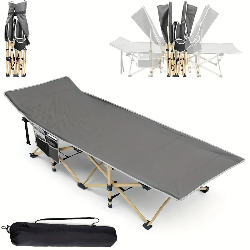 75-inch heavy-duty folding bed, 10-leg design for stable support, portable camping bed with side pockets and mattress, camping equipment