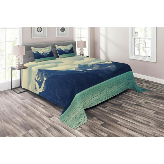 Ambesonne Mountain Quilted Coverlet 3 Pcs, Northern Norway Harbor, King Size, Almond Green Dark Blue