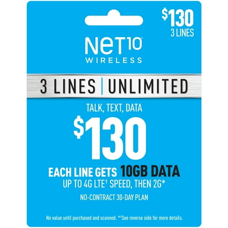 Net10 $130 Unlimited Family & Friends Plan for 3 Lines (10GB of data per line at high speeds, then 2G*) (Email