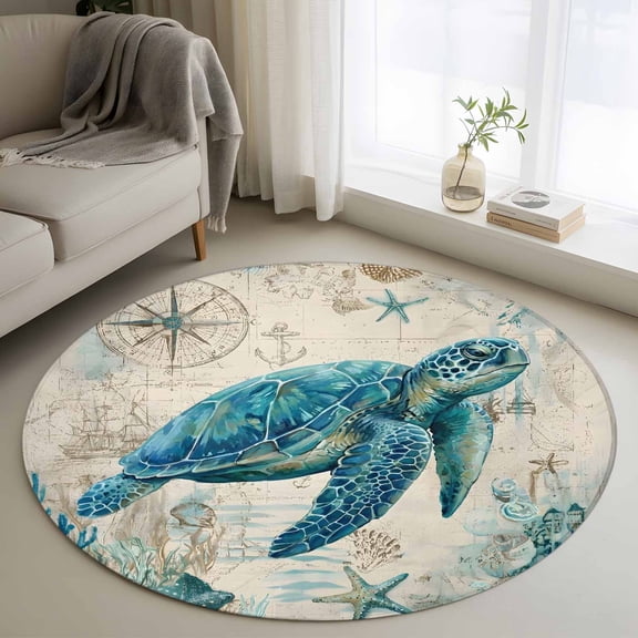 Round Area Rug 4 Ft, Teal Sea Turtle Coastal Washable Non-Slip Circle Carpet for Living Room/Bedroom, Vintage Summer Beach Nautical Low-Profile Crawling Mats Collection Rugs for Indoor