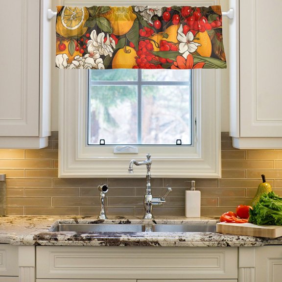 Lemons Flowers Floral Cherries Curtain Valances Farmhouse Design Window Treatment Decor Blackout Rod Pocket for Windows Living Room Kitchen 54" x 18"