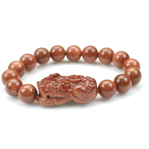 Beautiful Pi Yao Goldstone with Copper Flecks Round Bead Stretch Bracelet - Women Men Semi-Precious Gemstone Protection -
