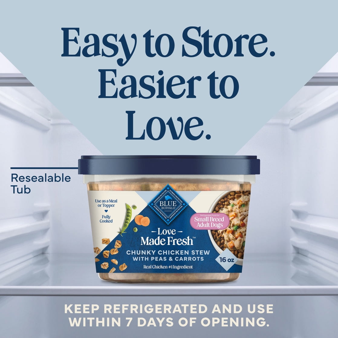 (3 pack) Blue Buffalo Love Made Fresh Dog Food, Small Breed Adult, Chunky Chicken Stew, 1-lb Tub