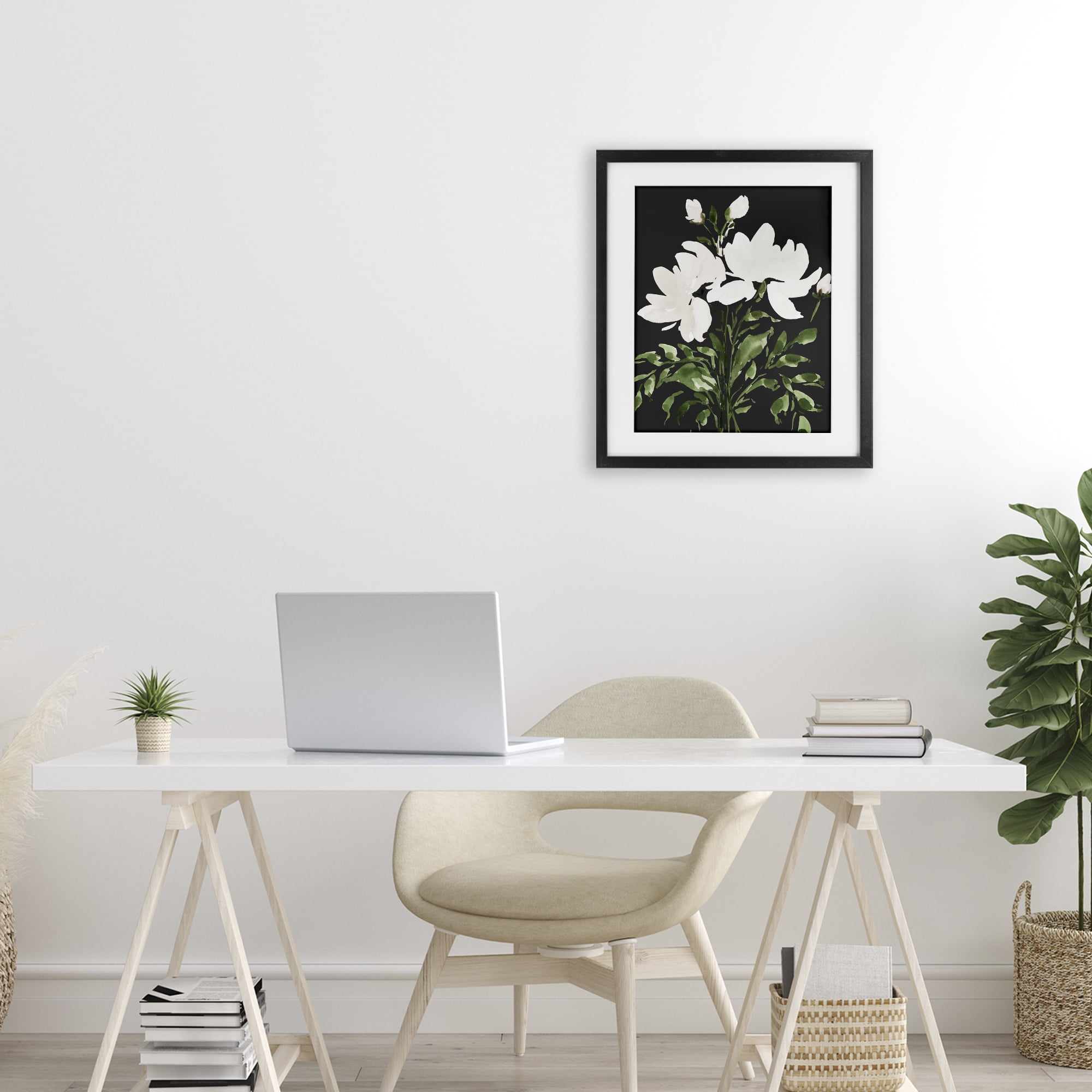 Stupell Industries White On Black Floral Black Framed Print Under Glass, design by Lucille Price
