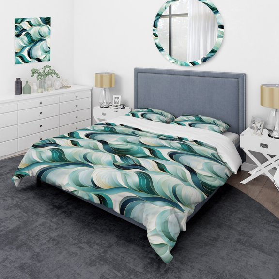 Designart "Seaside Emerald Geometry" Green Geometric Bedding Covert Set - Modern & Contemporary Bed Set With 2 Shams
