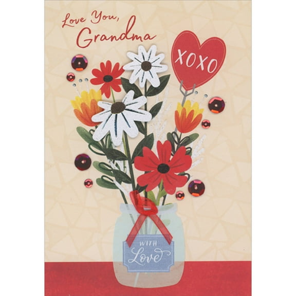 Designer Greetings White 3D Die Cut Daisies, Red Sequins, Red Bow Over Glass Jar with Flowers Hand Decorated Valentine's Day Card for Grandma