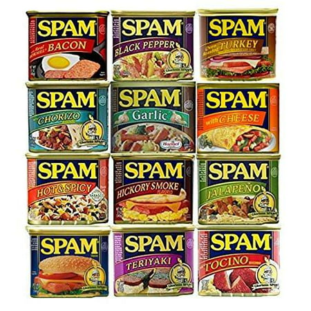 Spam Bundle of 12 Flavors: One Can Each of Bacon, Black Pepper, Cheese, Chorizo, Garlic, Hickory Smoked, Hot and Spicey, Jalapeno, Regular, Teriyaki, Tocino, and Turkey (12